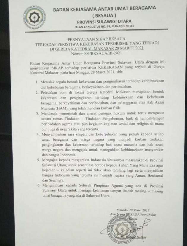 BKSAUA Sulut Tolak Segala Bentuk Kekerasan di NKRI
