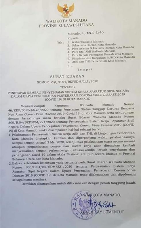 Pemkot Manado, Perpanjang ASN Kerja Dari Rumah Hingga 02 Mei 2020