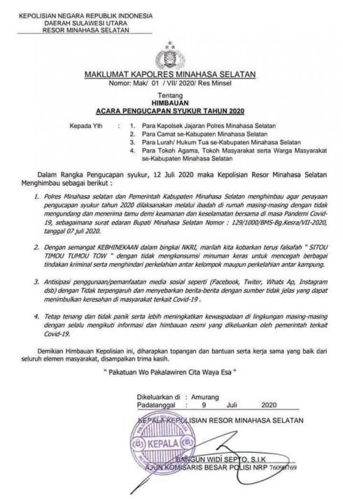 Resmi Keluarkan Maklumat ’Pengucapan’, Kapolres Minsel Imbau Warga Tidak Mengundang Tamu